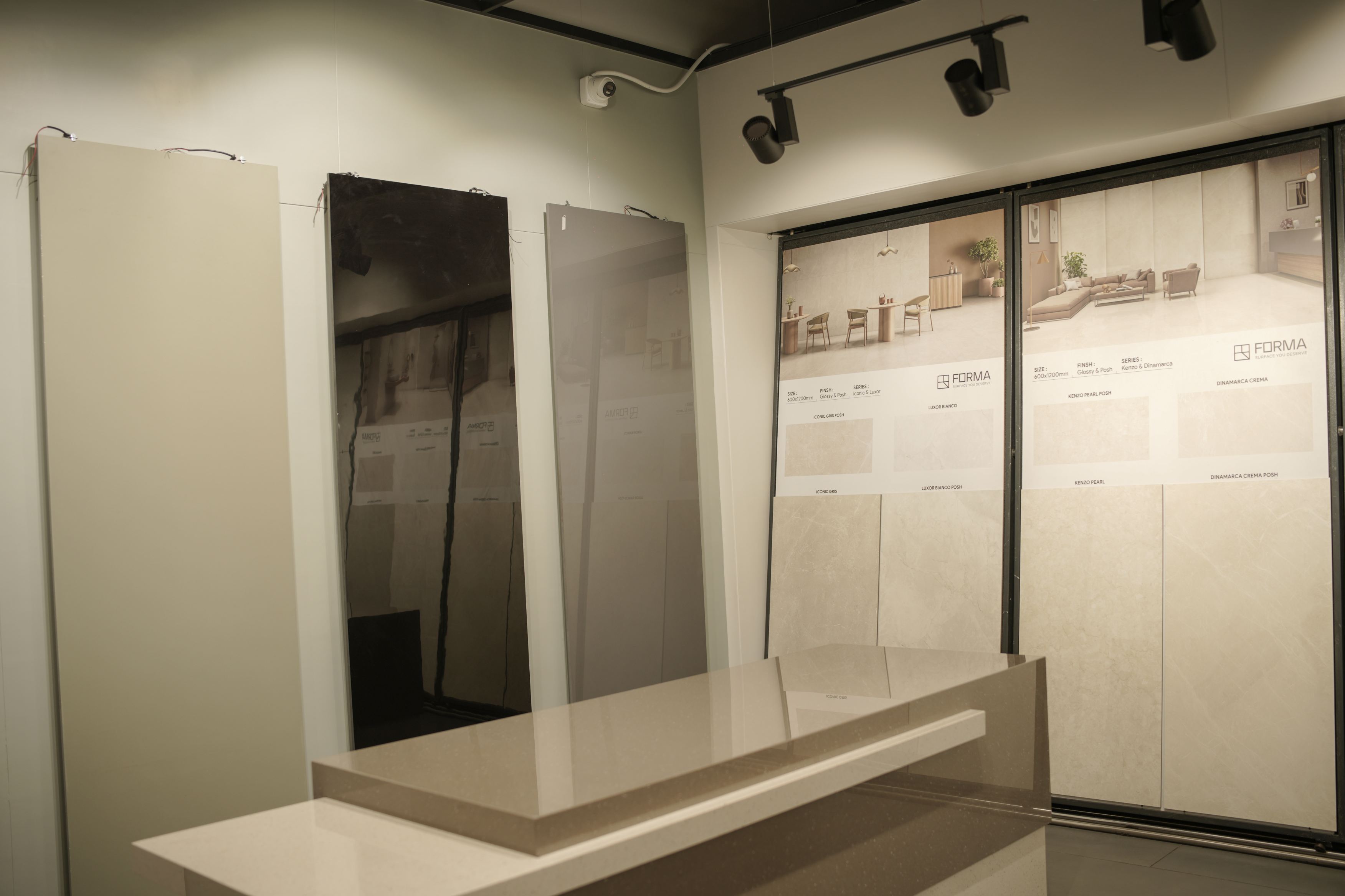 Surfaces, tiles and stone on display at the Vardhaman Sales showroom in Madabhavi