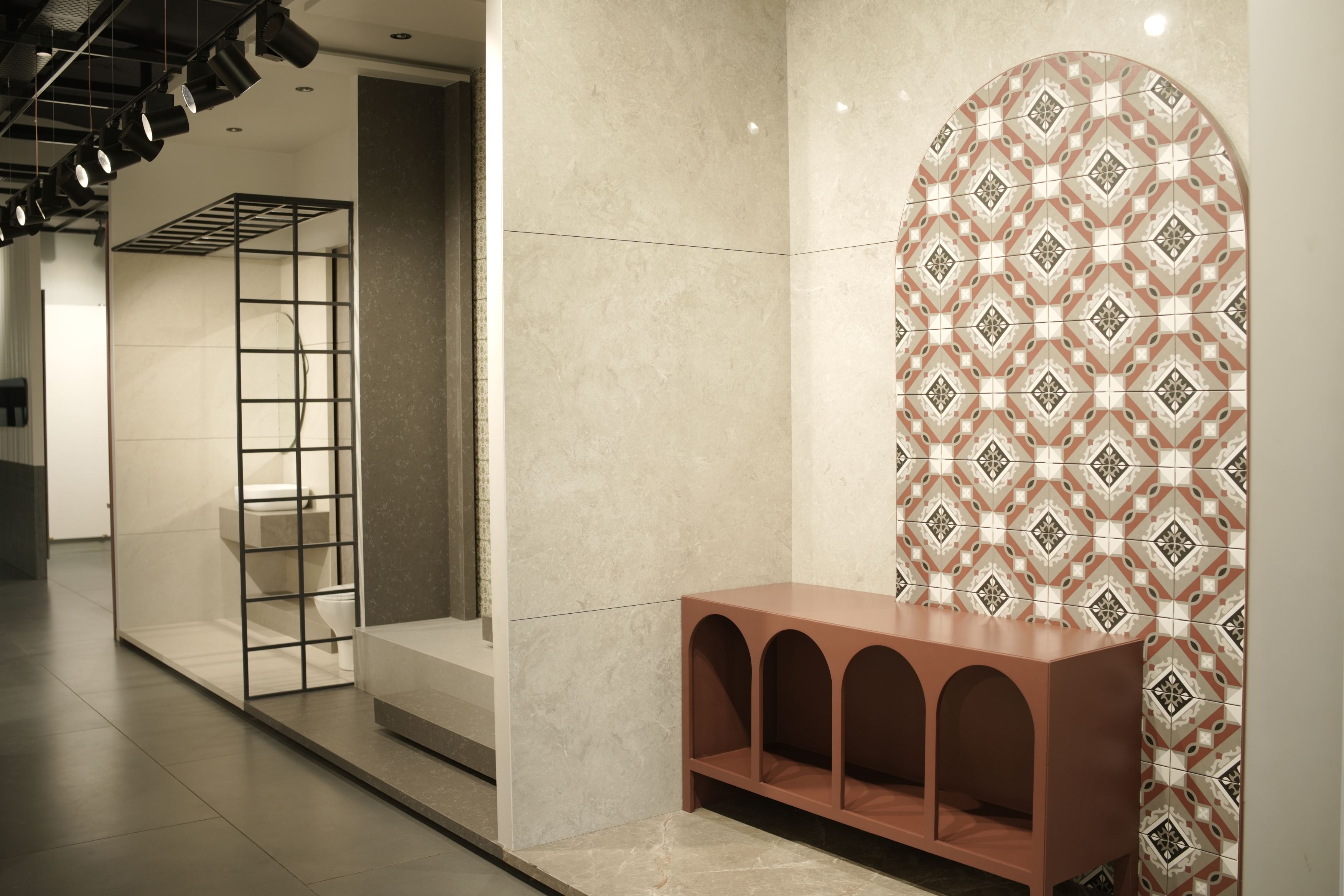 Surfaces, tiles and stone on display at the Vardhaman Sales showroom in Madabhavi