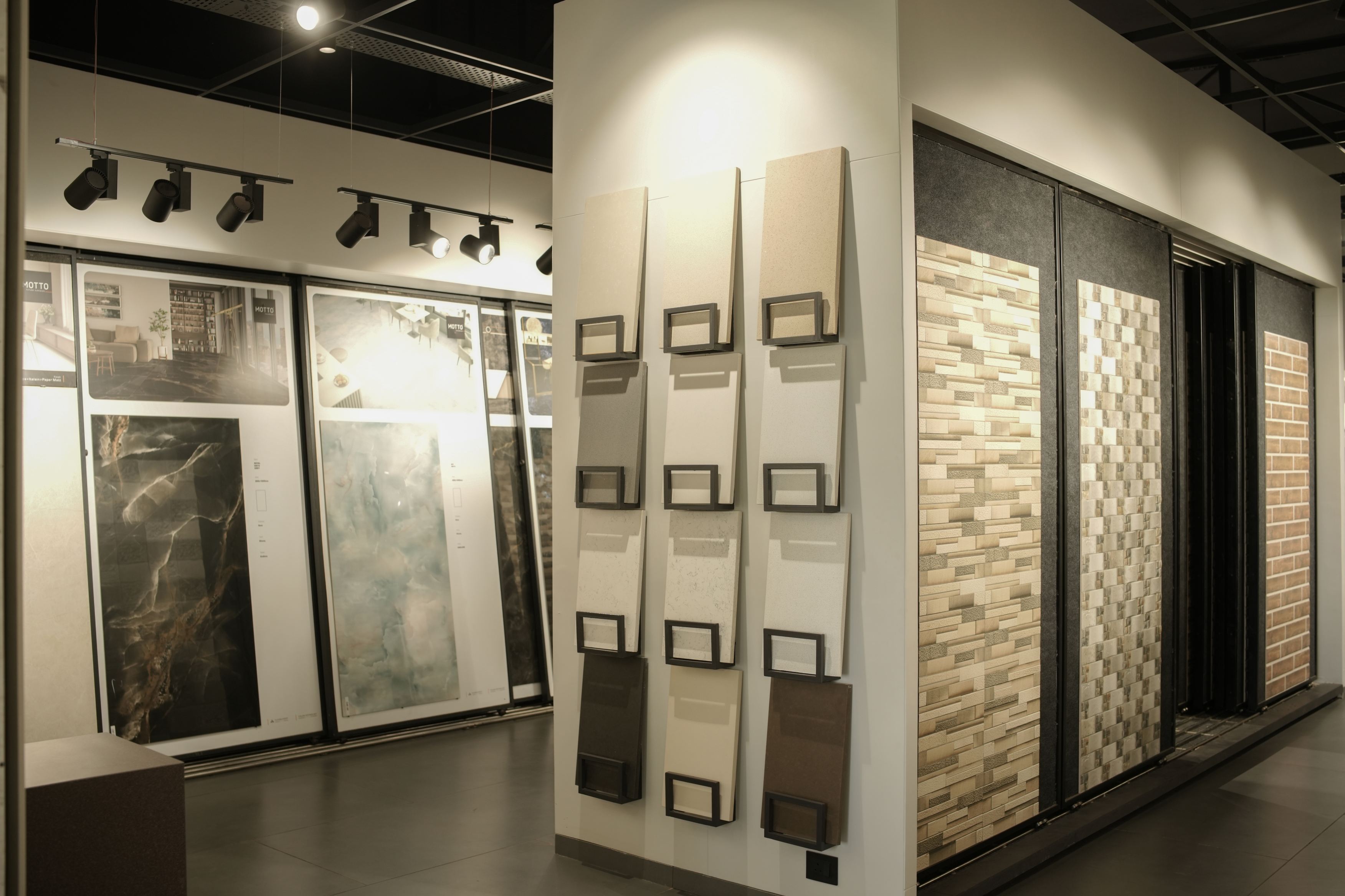 Surfaces, tiles and stone on display at the Vardhaman Sales showroom in Madabhavi