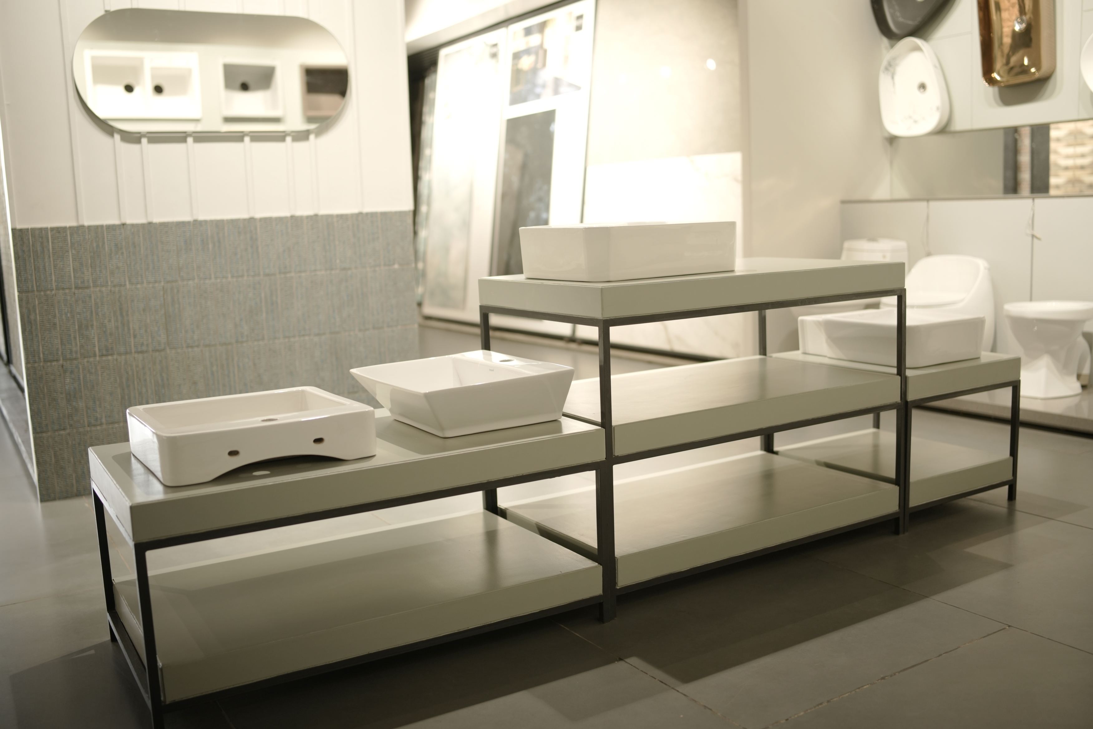 Surfaces, tiles and stone on display at the Vardhaman Sales showroom in Madabhavi