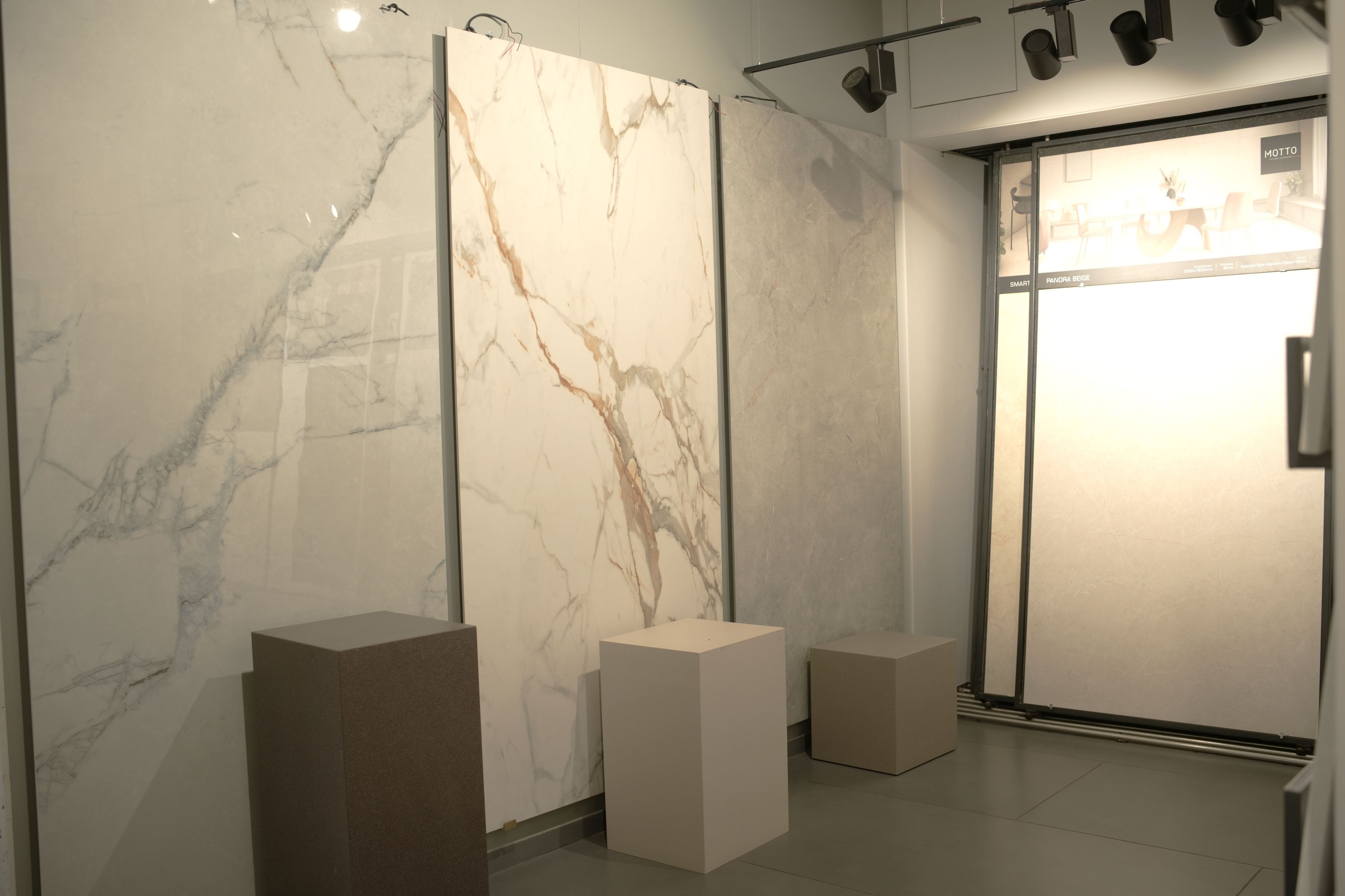 Surfaces, tiles and stone on display at the Vardhaman Sales showroom in Madabhavi